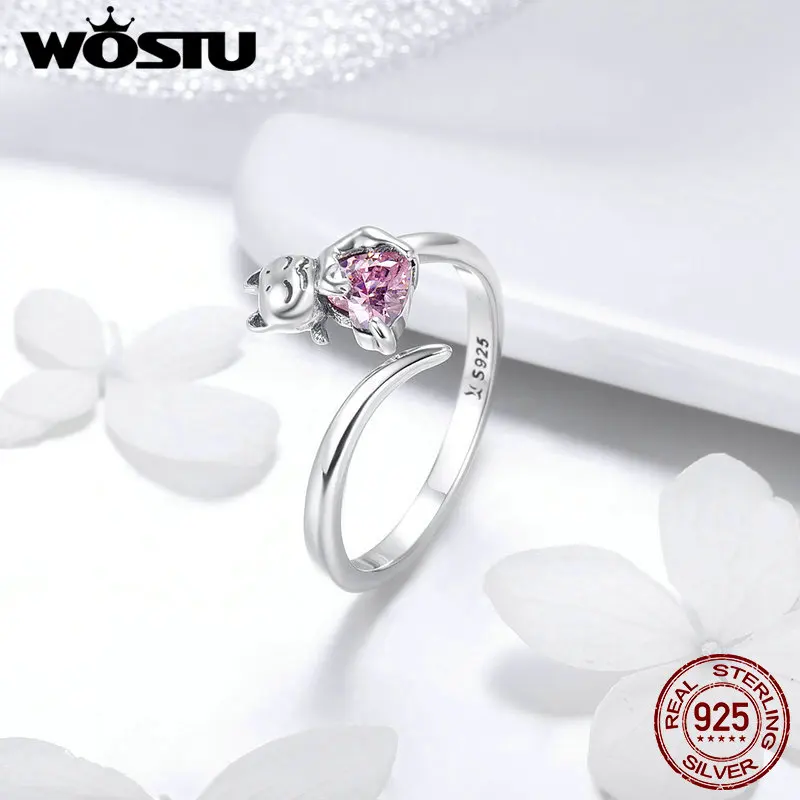 

WOSTU New Arrival 925 Sterling Silver Cute Adorable Cat Pet Love Finger Rings For Women Cute Party Ring Anel Jewelry Gift FIR446