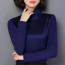 Женские зимние осенние модные тонкие водолазки со стразами черные плюс бархатные толстые рубашки женские повседневные брендовые футболки топы