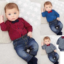 Retail children s clothing set bebes baby clothes baby boy cotton striped romper jean pants 2pcs