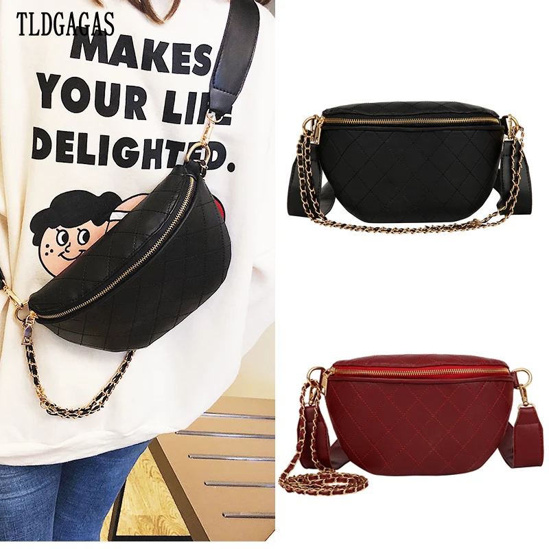 

Women Waist Bag Quilted Lattice Chest Bag Crossbody Bags For Women Shoulder Bags Chain Design PU Leather Women's Waist Packs T13