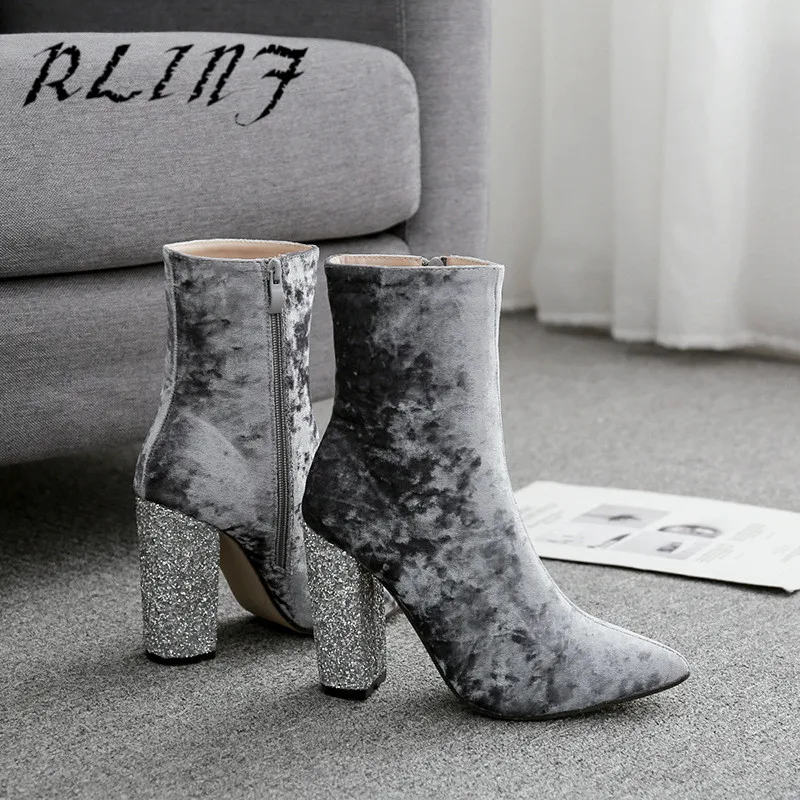 Mujer Sexy Botas Cortas Alto gris Simple Rlinf Nuevo Parpadeante Puntiagudo Tacón Negro De Grueso Salvaje zvPwRx