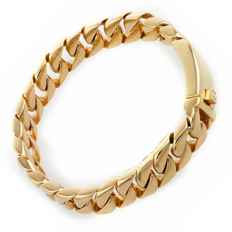 Smooth Curb Link Carved Swirls Bracelet Mens Gold Wide Chain Stainless