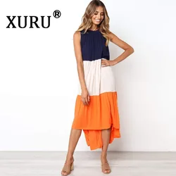 XURU summer new women's stitching dress fashion casual round neck sleeveless big dress bohemian beach dress XURU summer new women's stitching dress fashion casual round neck sleeveless big dress bohemian beach dress