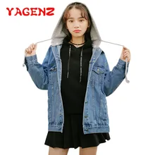 YAGENZ свободная черная джинсовая куртка женские Топы Harajuku колледж Ветер Студенческая джинсовая куртка с капюшоном пальто весна осень одежда Бомбер куртка