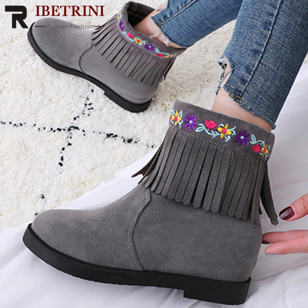 

RIBETRINI Ankle Snow Boots Woman Ethnic Fringe Embroidered Flat Heels Round Toe Ankle Boots Woman Size 34-43
