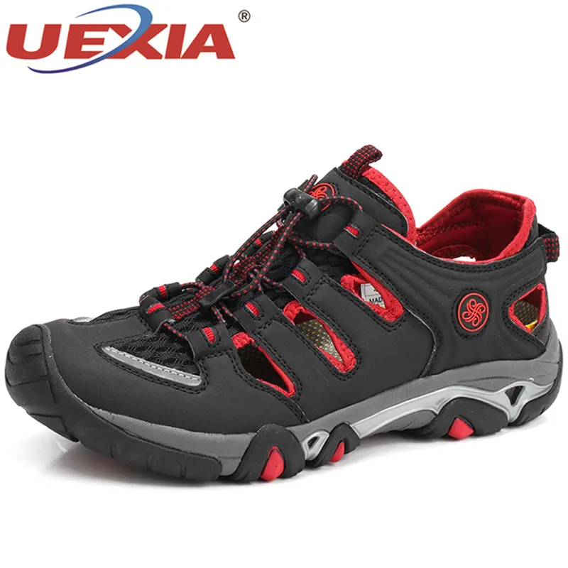 

UEXIA 2018 Men Fretwork Real Leather Sandals Breathable Handmade Outdoor Sport Flats Sandalias Summer Daily Shoes Male Footwear