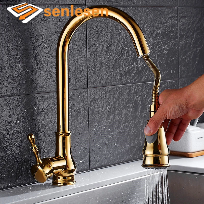 

Senlesen Kitchen Sink Faucet Pull Out Sprayer Nozzle Gold Faucet Deck Mount Hot and Cold Water Single Hanlde Para Kitchen Sink