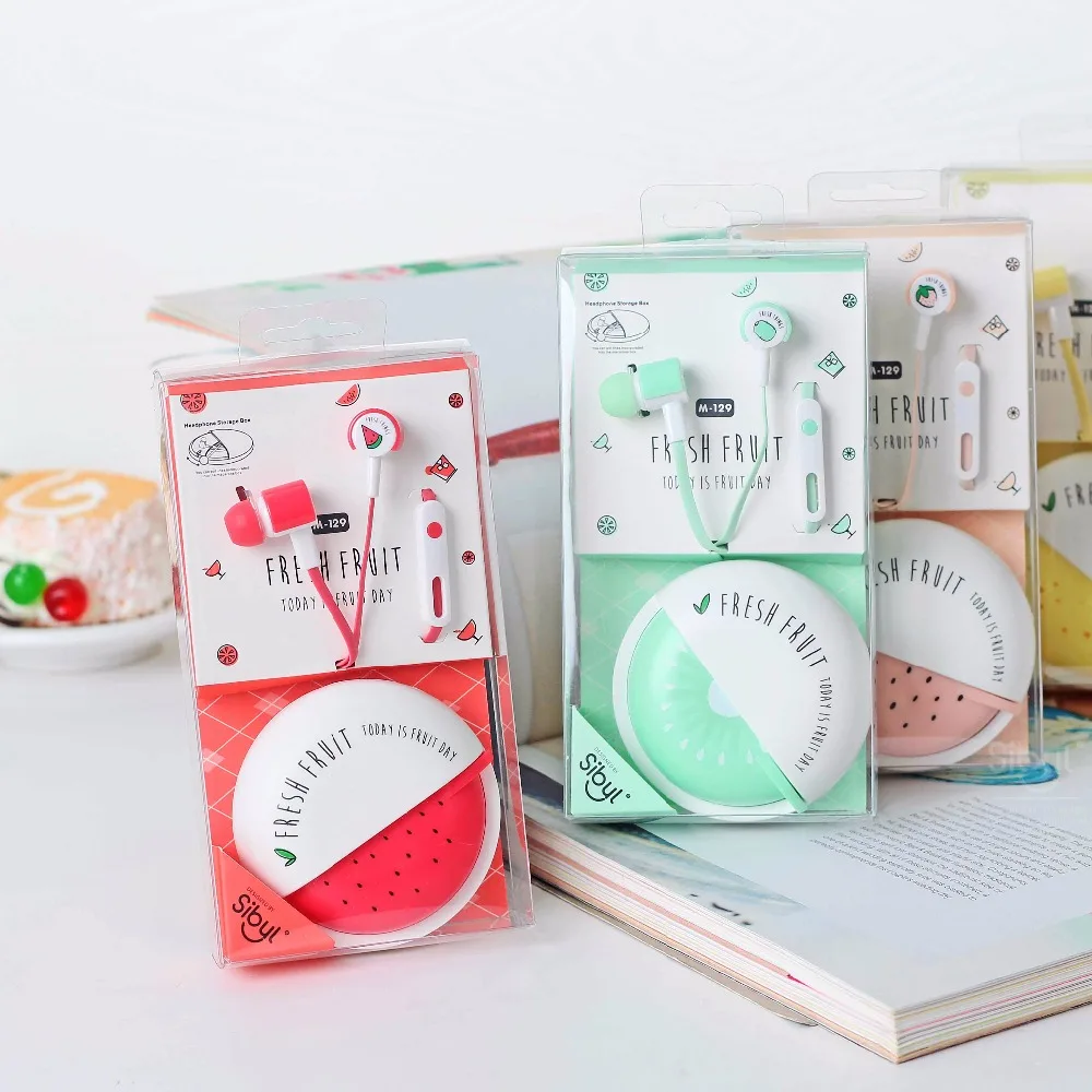Goedkoop Hot Aanbieding mode fruit ear oortelefoon met microfoon met opbergdoos voor iphone android samsung smartphone