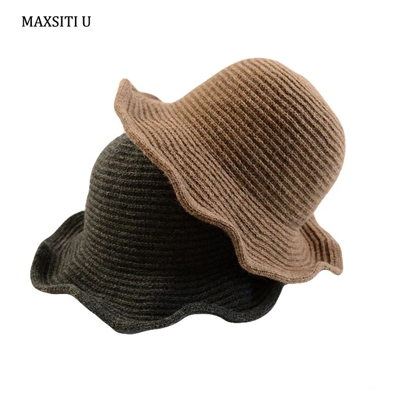 

MAXSITI U New wool blend knit fisherman bucket hats spring pure color dome folding basin cap