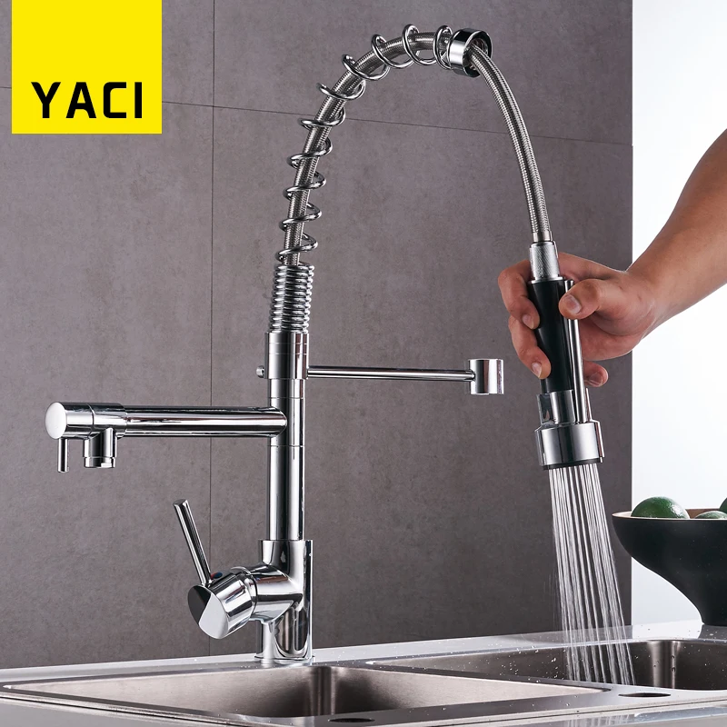 

Fast Shipping Deck Mount Pull Out Kitchen Faucet Two Swivel Spouts Spring Mixer Tap Chrome Finish Single Handle Faucet MW-YC8015