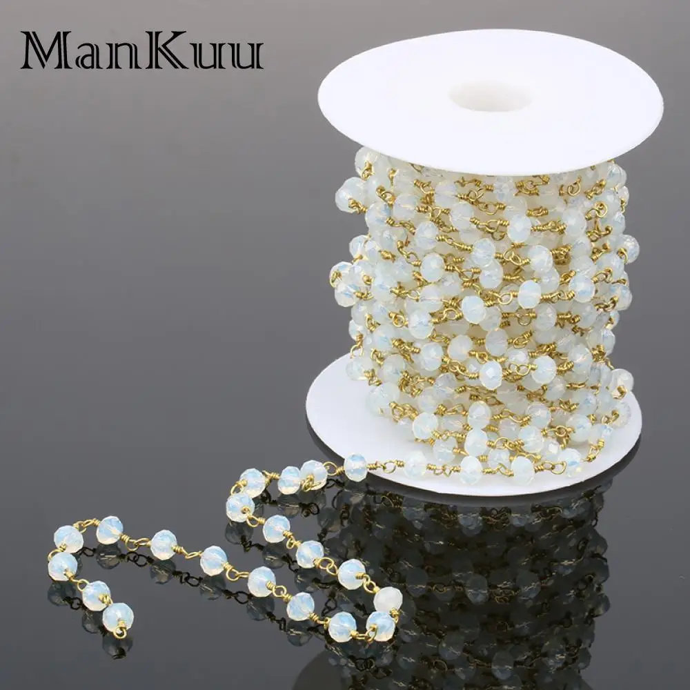 

Mankuu 4*6mm Rondelle Natural Opal Moonstone Bead Chain Gold Plating White Clear Rhinestone Bead Chain For Jewelry Making 5M/Lot