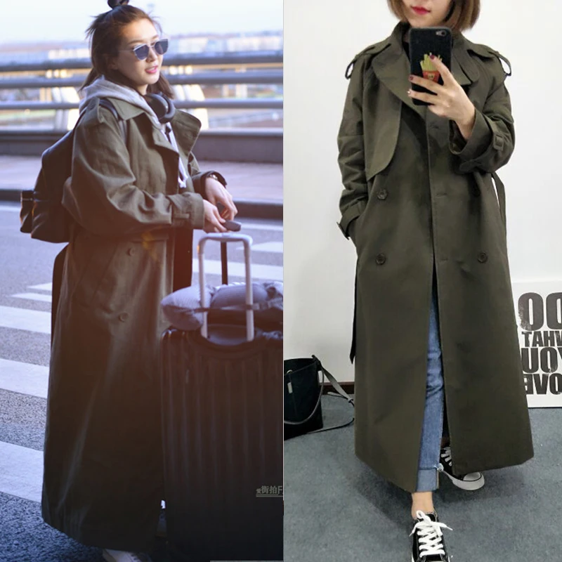 

UK Brand new Fashion 2019 Fall /Autumn Casual Double breasted Simple Classic Long Trench coat with belt Chic Female windbreaker