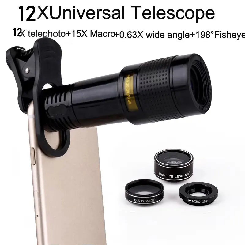 

Universal 5 in 1 tripod 12X Zoom Telescope Fisheye Wide Angel Macro Lens For iPhone 6 7 XR XS Samsung S8 S7 android smartphone