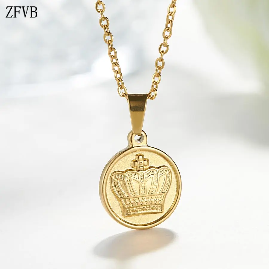 

ZFVB 2019 Trendy CROWN Necklace Women Jewelry Stainless Steel Gold color Crown Pendant Necklaces Clavicle chain Birthday Gifts