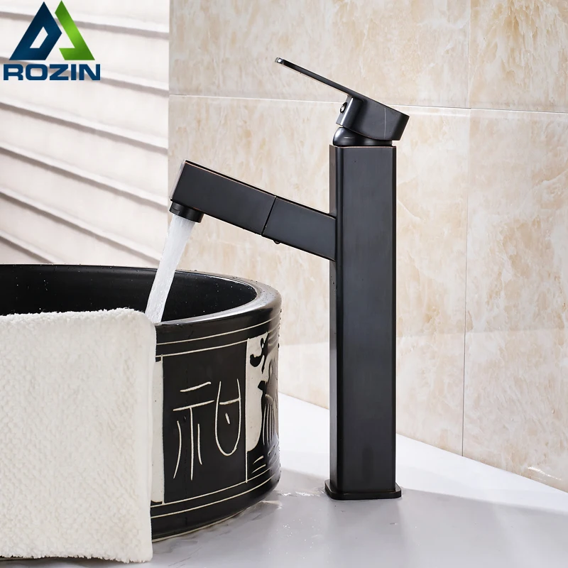 Blackened Bronze Square Washing Basin Faucet One Handle Pull Out Sprayer Bathroom Vessel Sink Hot and Cold Water Taps