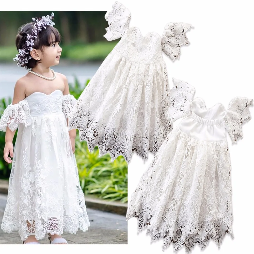 

2 To 7 Years Kids & Teenager Girls 2019 Summer Off-shoulder White Ruffled Beach Dress Children Princess Sleeveless Dresses