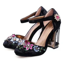 Mary Janes Hollowed Bird Cage Heel Pumps Ethnic Velvet Women Wedding Shoes Flower Crsytal Embellished High Heel Dress Shoes summer mary janes bling multi gem rhinestone studs metal cage heel satin women ankle strap bridal crystal wedding pumps shoes