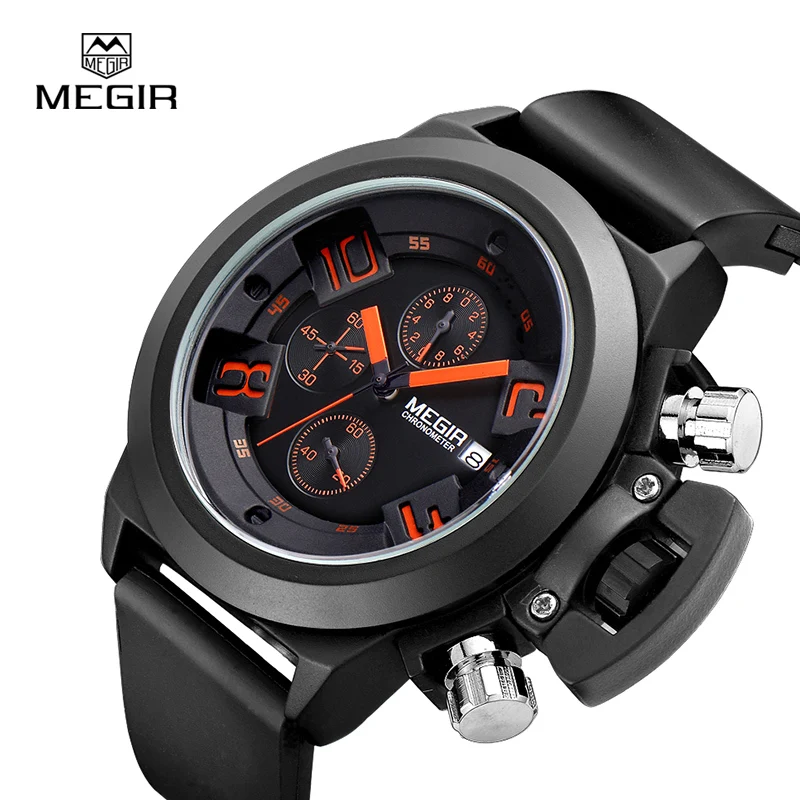 MEGIR2002 модные водонепроницаемые кварцевые часы для мужчин, спортивные часы для бега, силиконовый хронограф, кварцевые наручные часы для мужчин