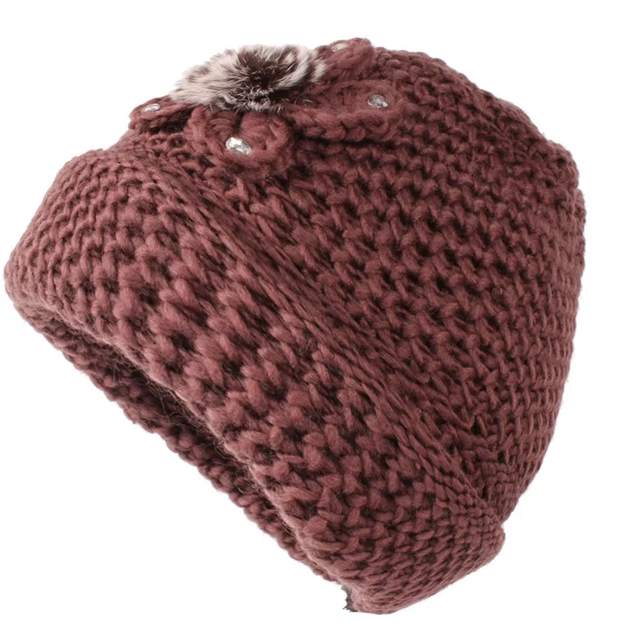 Модная женская зимняя шапка Skullies Beanies вязаная шапка ручной работы Элегантная Дамская Теплая двойная толстая меховой цветок мешковатые береты-кепки - Цвет: Rust red