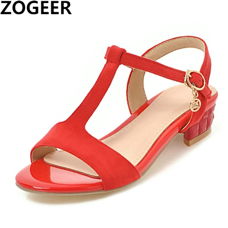 

New 2019 Summer Women Sandals Gladiator Shoes for Women Thick Low Heel Sandals Open toe T Straps Wedding Shoes Red Black