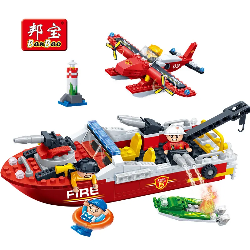 

BanBao 7112 Educational Building Blocks Fire Water Rescue Boat Airplane Firefighters Bricks Model Toy For Children Kids Friend