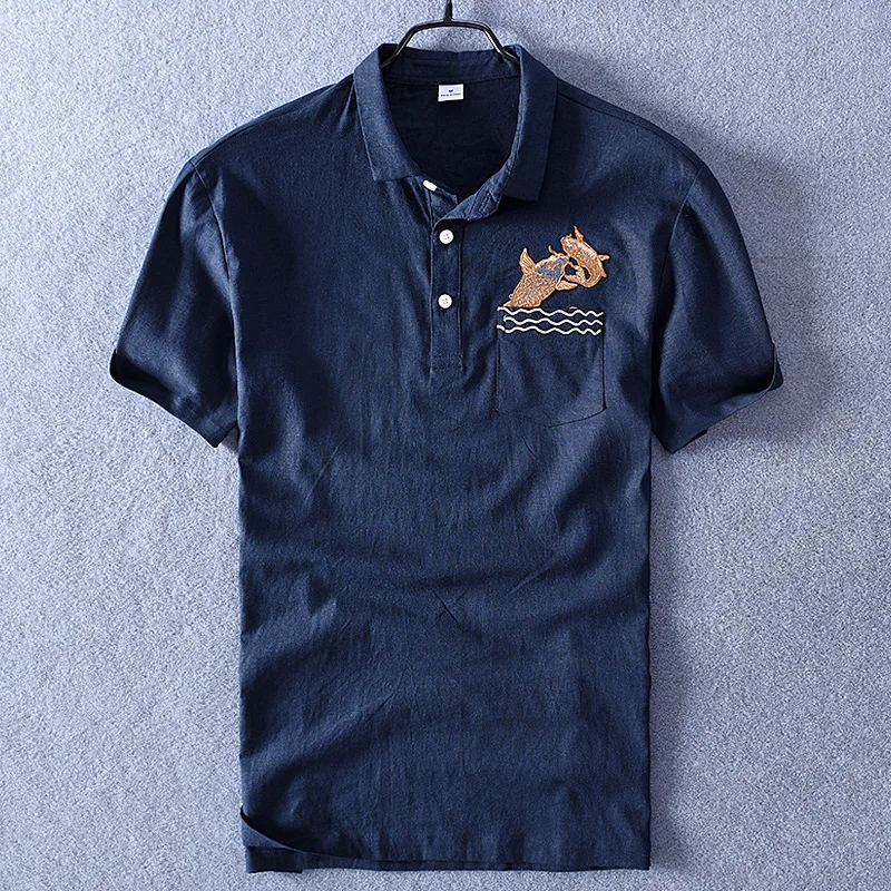 

Men Summer Fashion Brand China Style Slim Fit Fish Jump Embroidery Cotton Linen Short Sleeve Shirt Male Casual Pullover Shirts