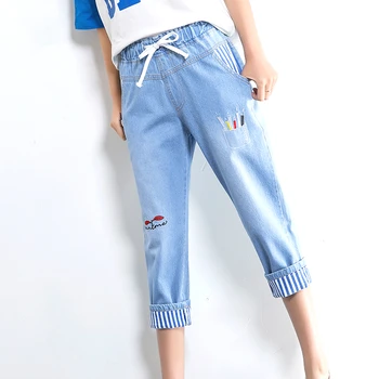 

Harajuku Fashion Elastic Tie Waist Denim Student Calf-Length Hot Pants Cute Cartoon Embroidery Chic Cuffs Denim Women Trousers