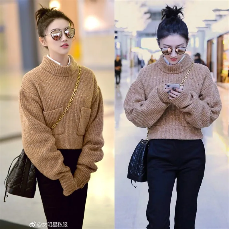 King Sweet Star of The Same Light Khaki Loose Big Pocket Semi-turtleneck Sweater New Woman 2019 Sweater Clothes Women