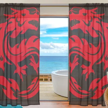 

Sheer Door Curtain Panels W55x L78 Inch/55x L84 Inch,Chinese Red Dragon Black,Window Curtains Voile Sheers 2 Panels Set