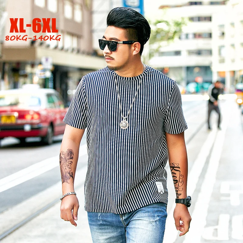 

Classic Striped Men T Shirt 2019 Summer Loose T shirt Men England style 4XL 5XL 6XL Casual Short sleeves Big size Men top Tees