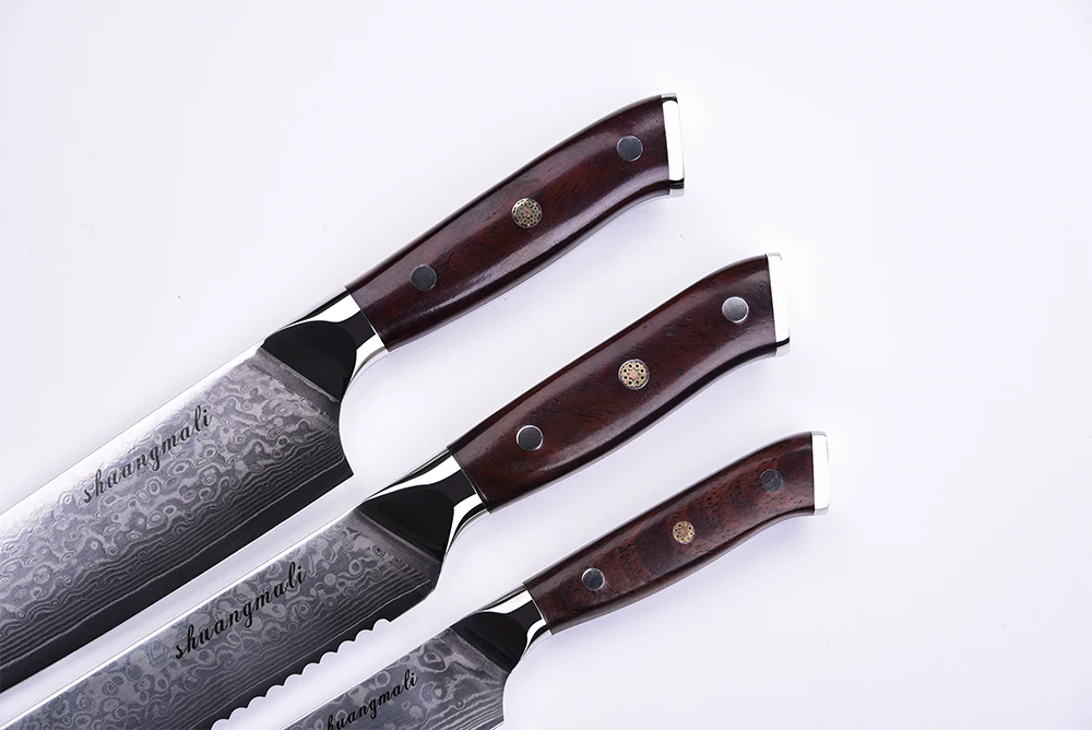 Набор кухонных ножей Vg10, дамасская сталь, профессиональный набор из 3 предметов, ножи шеф-повара, нож для хлеба, инструмент для ножей с деревянной ручкой