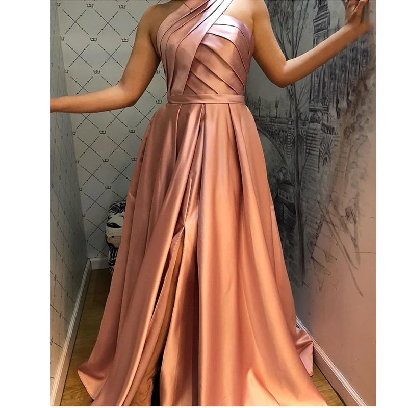 

One Shoulder Long Prom Dress With Pockets Front Split A-line Pleats Rose Pink Dark Green Satin Formal Party Dress Prom Gowns