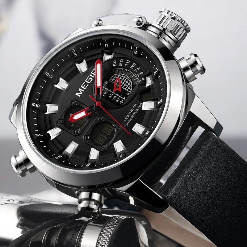 MEGIR New Watch Men Luxury Brand Analog Digital Sports Mens Watches Leather Army Military Waterproo