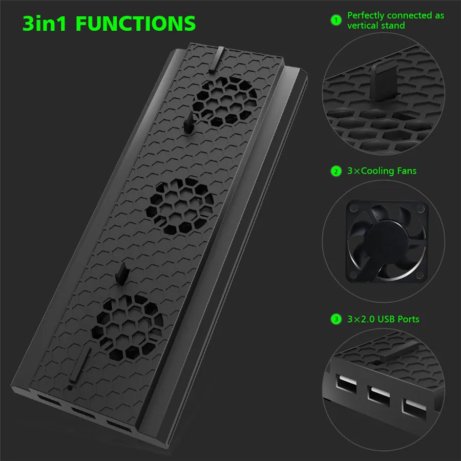  OIVO Vertical Stand Host Cooling Fan Stand Holder External Cooler 3 USB Ports Fans for Xbox One X G