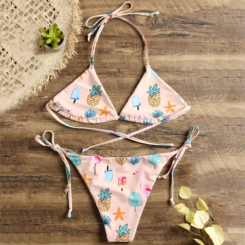 

Elegant Sexy sea creatures pattern Self-tie Flamingo Tropical String Bikini tie-strings at neck Halter Low Waisted Elastic bikin