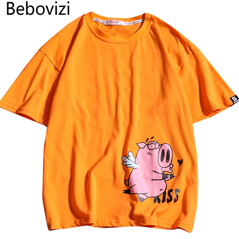 

Bebovizi 2019 Men Animated Cartoon Pig T-shirt Summer Hip Hop Casual Tshirt Short Sleeve Streetwear Top Tee Loose Cotton T Shirt