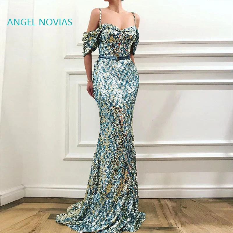 

Long Mermaid Sequins Arabic Lace Evening Dress 2019 with Straps Abendkleider Moroccan Sexy Formal Prom Gowns