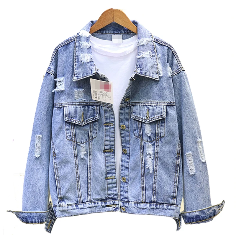 

Hip Hop Streetwear Denim Jacket Women Long Sleeve Jacket Loose Single Breasted Coat Fashion Holes BF Jeans Jackets