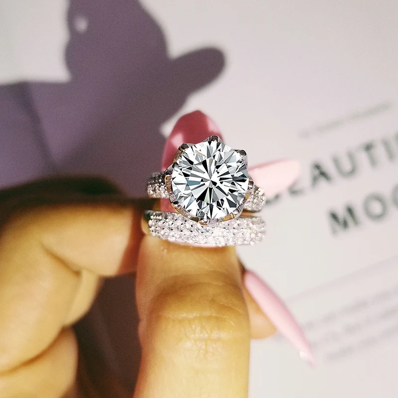 luxury 11mm big zircon original 925 sterling silver wedding ring set for women bride engagement Jewelry Band eternity gift R4843