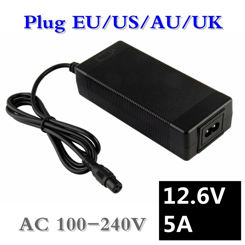 

12.6V 5A Charger Combination of 18650 Li-ion Lithium Battery Pack Charger US EU Plug 12.6 v charger XLFM(1+,2-) connector