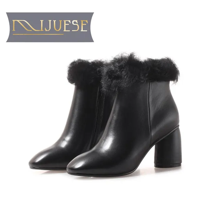 

MLJUESE 2019 women ankle boots Cow leather zippers brown color winter fur short plush square heels high heels women boots