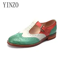 YINZO/Брендовые женские оксфорды из натуральной кожи; цветные туфли на плоской подошве; большие размеры; женские броги ручной работы; оксфорды; Новинка года