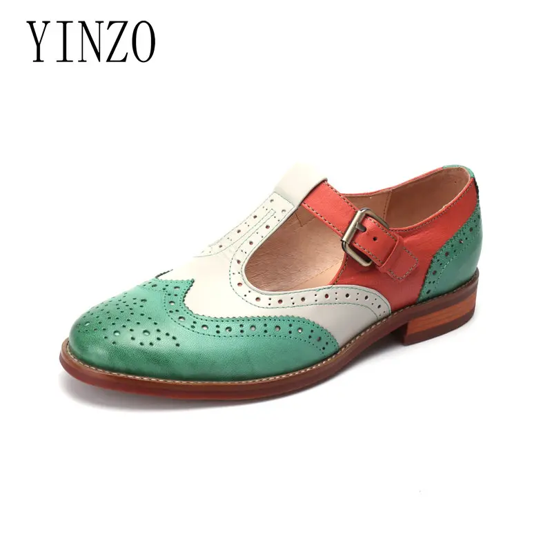 Derbies Pour Marque red yellow Cuir Main Green Femme Chaussures Nouveau Couleur En La Plus Correspondant Plates Femmes Taille 2018 Yinzo Véritable Oxford axdwqtaRY