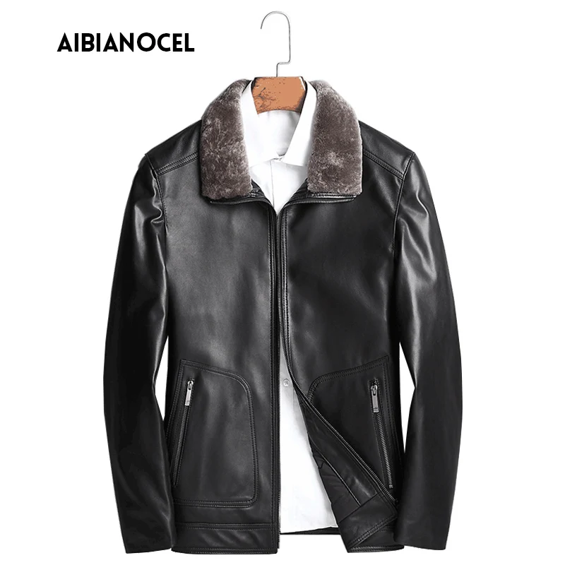 

AIBIANOCEL 2017 Winter New Style Leather Coat Fur Collar White Duck Down Coat Leather Mens Sheepskin Coat Genuine Leather Coat