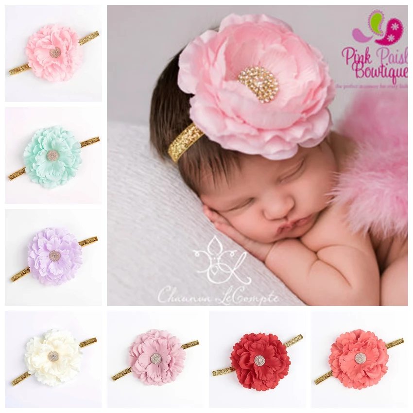 Yundfly Boutique Toddler Peony Fabric Flower Kids Headband Baby Elastic Head Wear Hair Accessories Newborn Photography Props