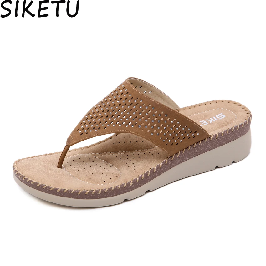 SIKETU Women Thong Sandals Cut Out Hollow Crystal Rhinestone Slippers Platform Wedge Heel Thick 