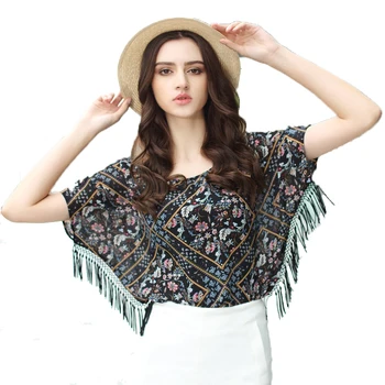 

Women Blouse 2017 Summer Casual Tops Fashion Chiffon Blouse Bat Sleeve Shirt Print Multicolor Tassel Slim Blusa Feminina