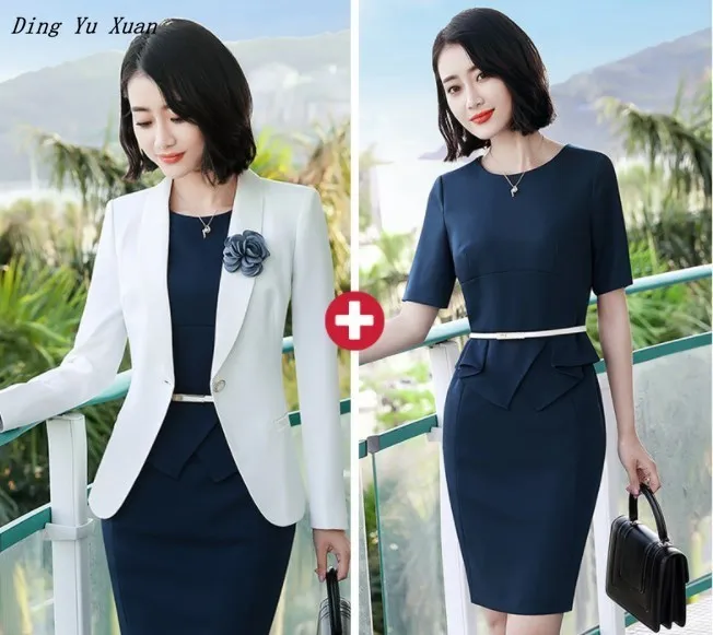 Office Ladies Dress Suit Long Sleeve Blazer Set For Businesss Women Formal 2 Piece Set Jackets and Dress Work Wear Dresses Suits