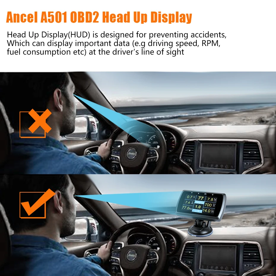 Автомобильный цифровой HUD Дисплей Ancel A501 OBD2 измеритель расхода топлива