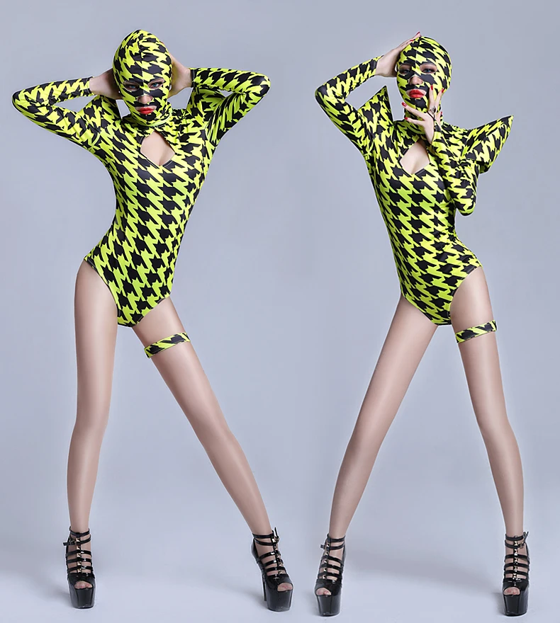 Europe Fashion Women Swallow gird Costume Sets Ds hip hop dance singer Houndstooth Performance wear Sexy Neon One piece Bodysuit